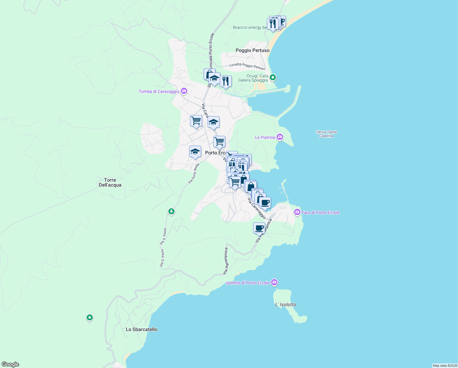 map of restaurants, bars, coffee shops, grocery stores, and more near 31 Via delle Buche in Porto Ercole