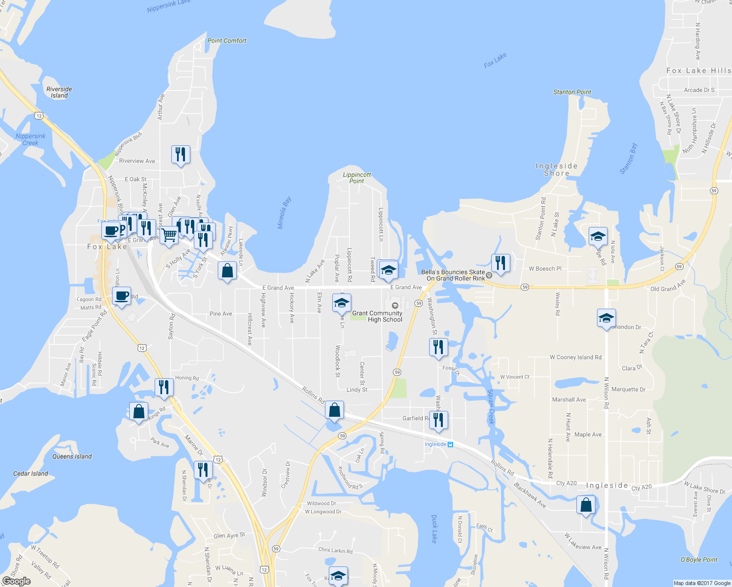 map of restaurants, bars, coffee shops, grocery stores, and more near 255 East Grand Avenue in Fox Lake