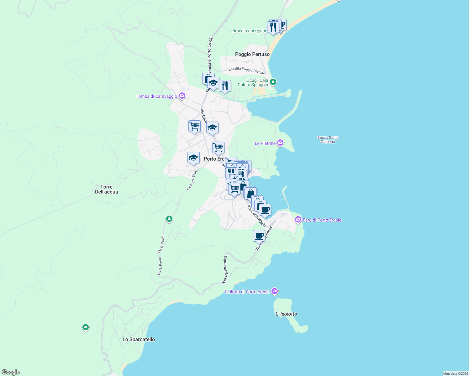 map of restaurants, bars, coffee shops, grocery stores, and more near 31 Via delle Buche in Porto Ercole