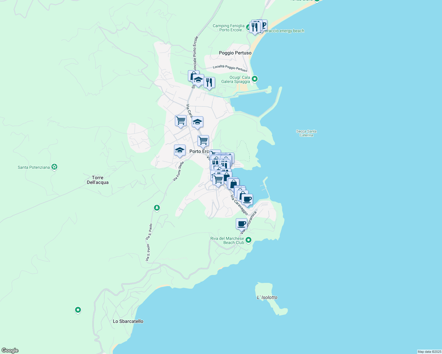 map of restaurants, bars, coffee shops, grocery stores, and more near 19 Via Italia in Porto Ercole