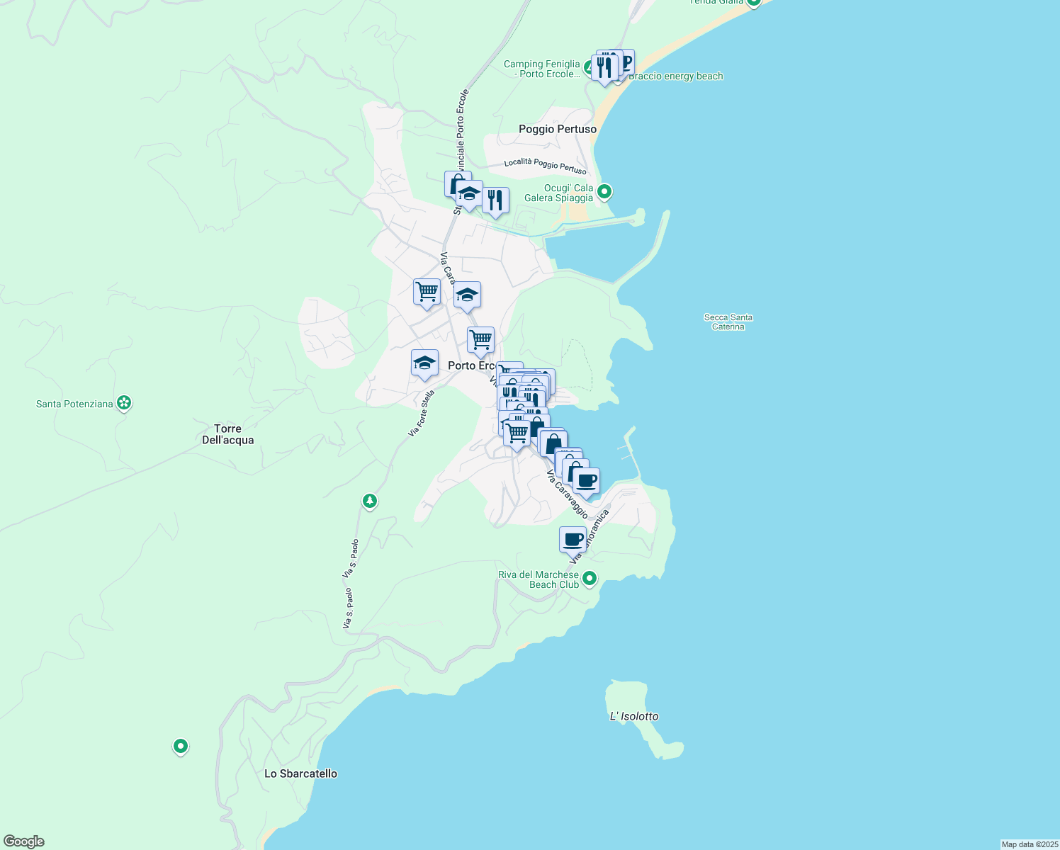 map of restaurants, bars, coffee shops, grocery stores, and more near 19 Via Italia in Porto Ercole