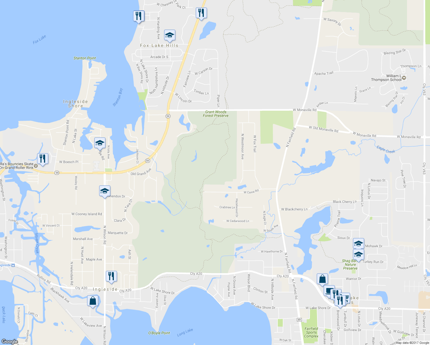 map of restaurants, bars, coffee shops, grocery stores, and more near Grant Woods South Trail in Ingleside
