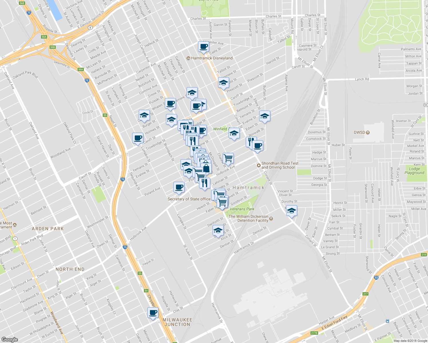 map of restaurants, bars, coffee shops, grocery stores, and more near 9326 Mitchell St in Hamtramck