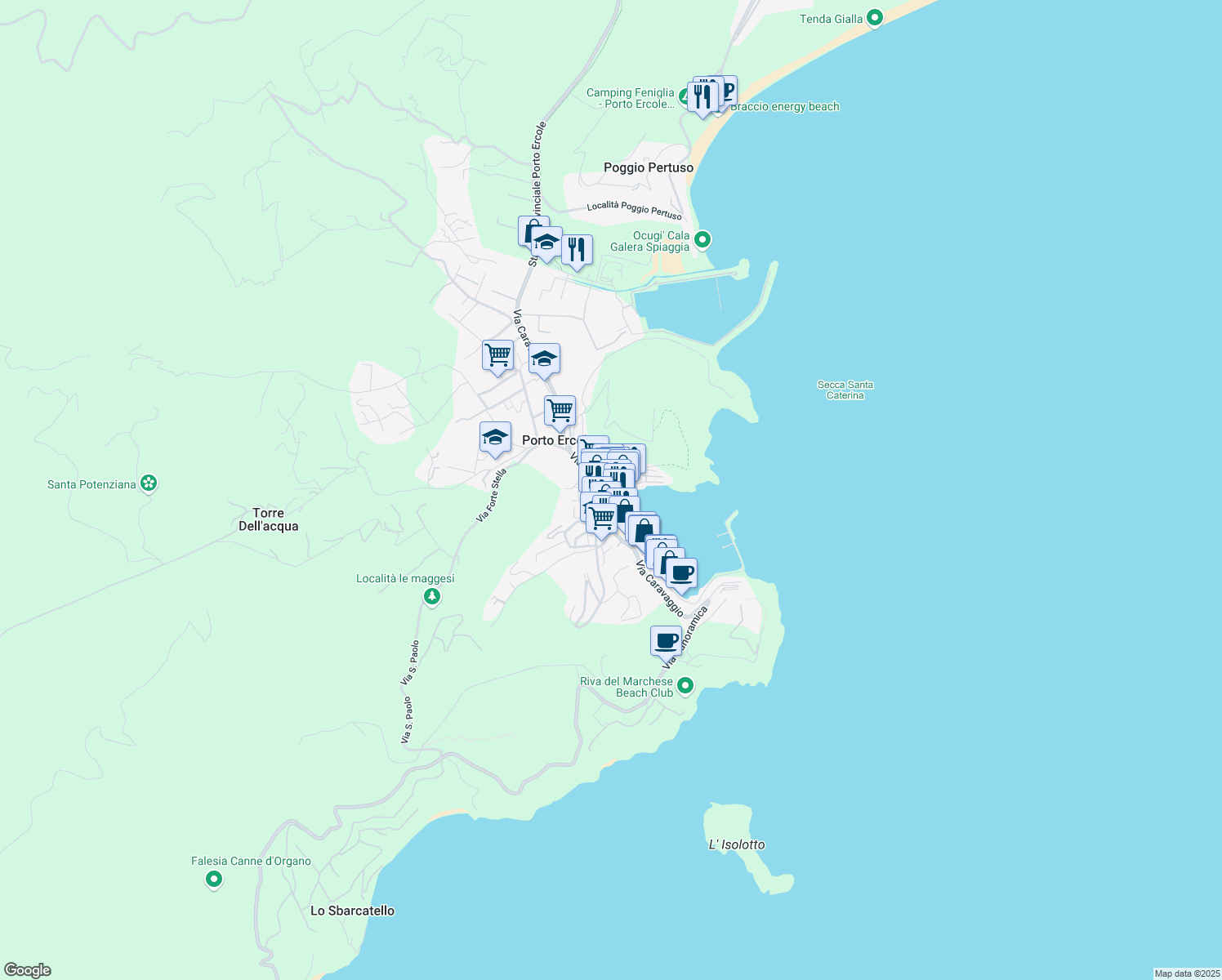 map of restaurants, bars, coffee shops, grocery stores, and more near 19 Via Italia in Porto Ercole
