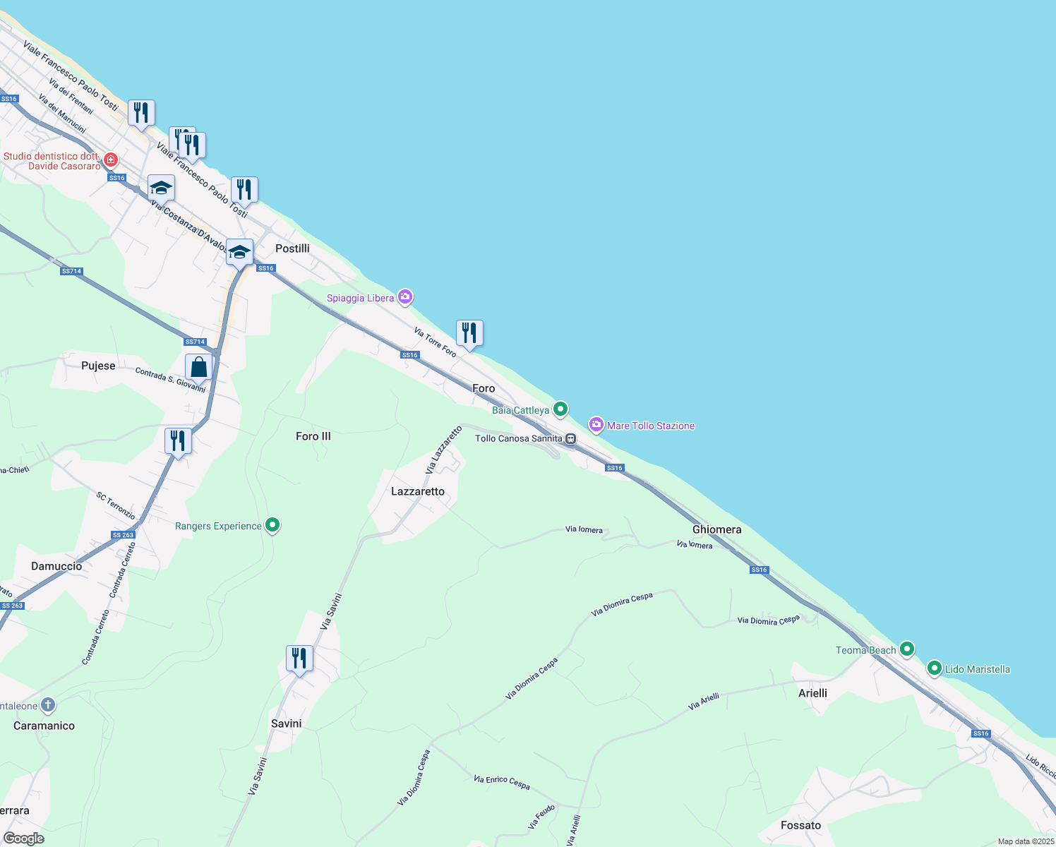 map of restaurants, bars, coffee shops, grocery stores, and more near 64 Via Adriatica Sud in Foro