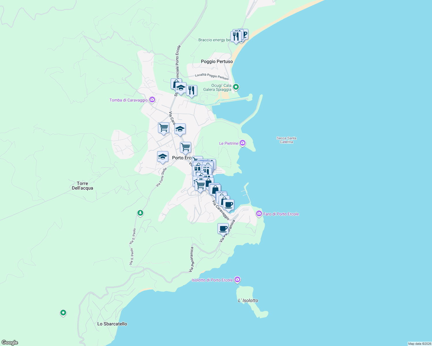 map of restaurants, bars, coffee shops, grocery stores, and more near 6 Strada Privata Cirio in Porto Ercole