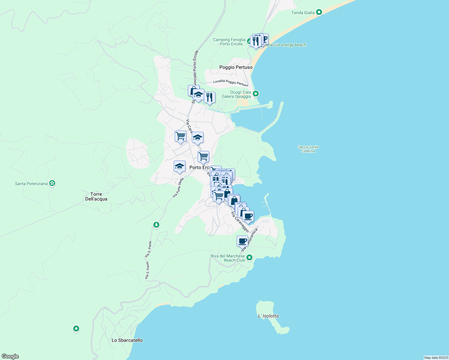 map of restaurants, bars, coffee shops, grocery stores, and more near 39 Via Filippo II in Provincia di Grosseto