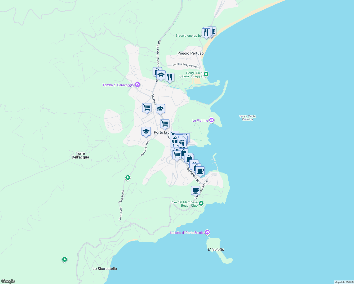 map of restaurants, bars, coffee shops, grocery stores, and more near 130 Via Caravaggio in Porto Ercole