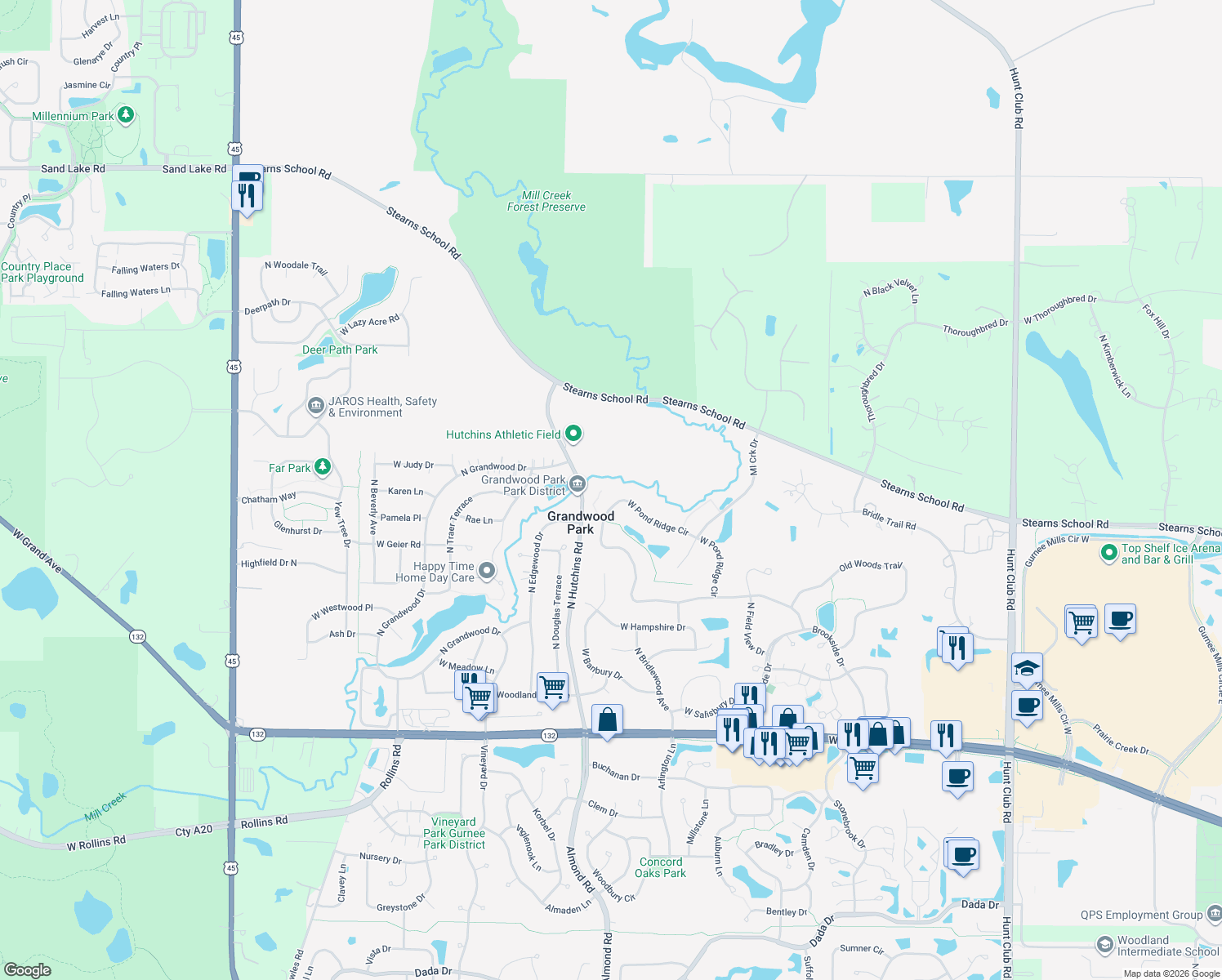 map of restaurants, bars, coffee shops, grocery stores, and more near 18077 W Pond Ridge Cir in Gurnee