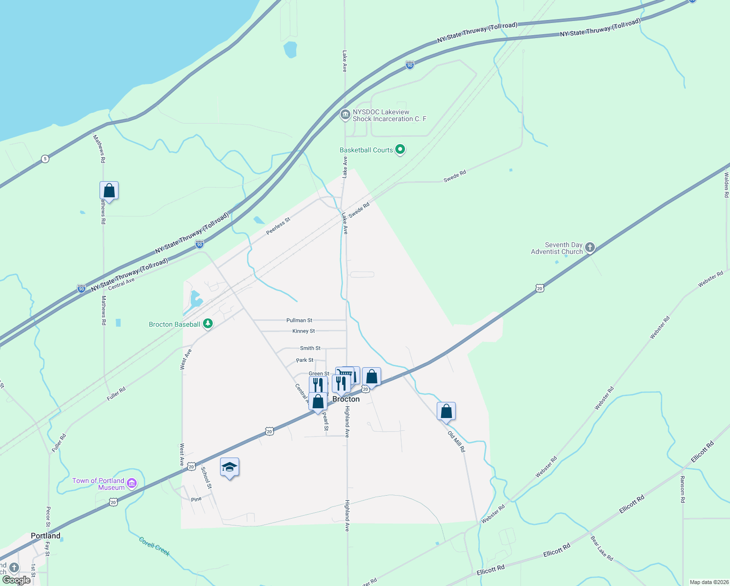 map of restaurants, bars, coffee shops, grocery stores, and more near 117 Lake Avenue in Brocton