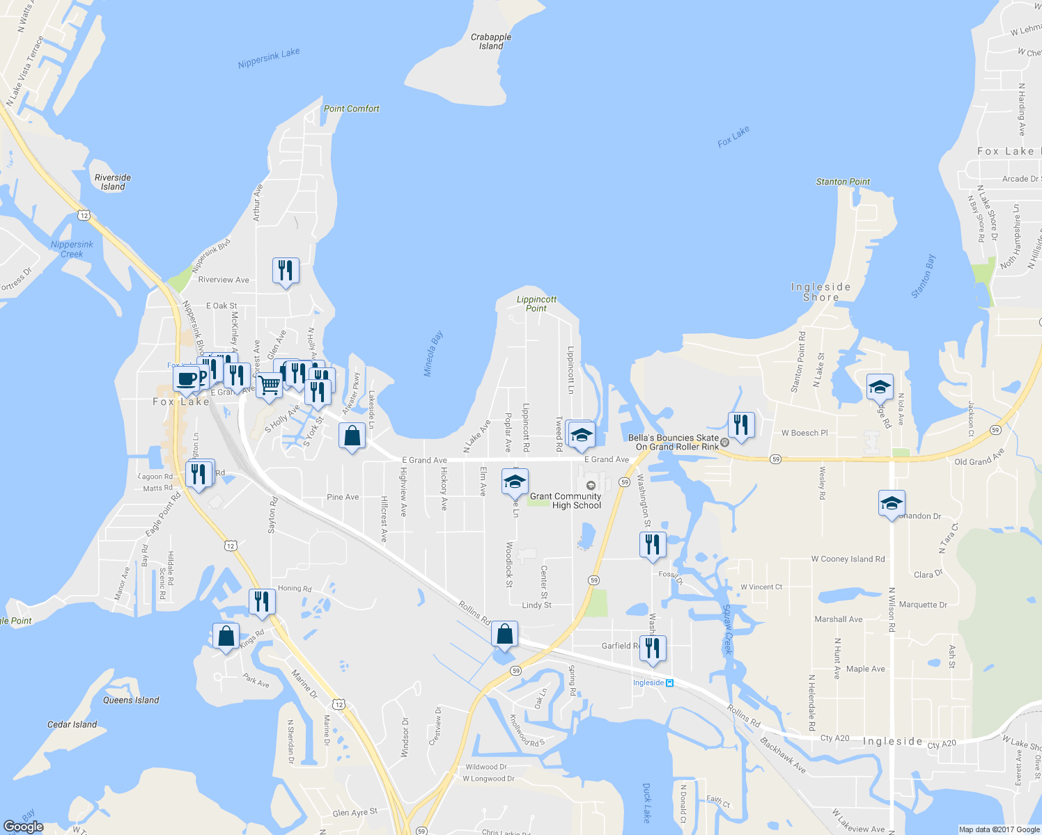 map of restaurants, bars, coffee shops, grocery stores, and more near 28 Lippincott Road in Fox Lake