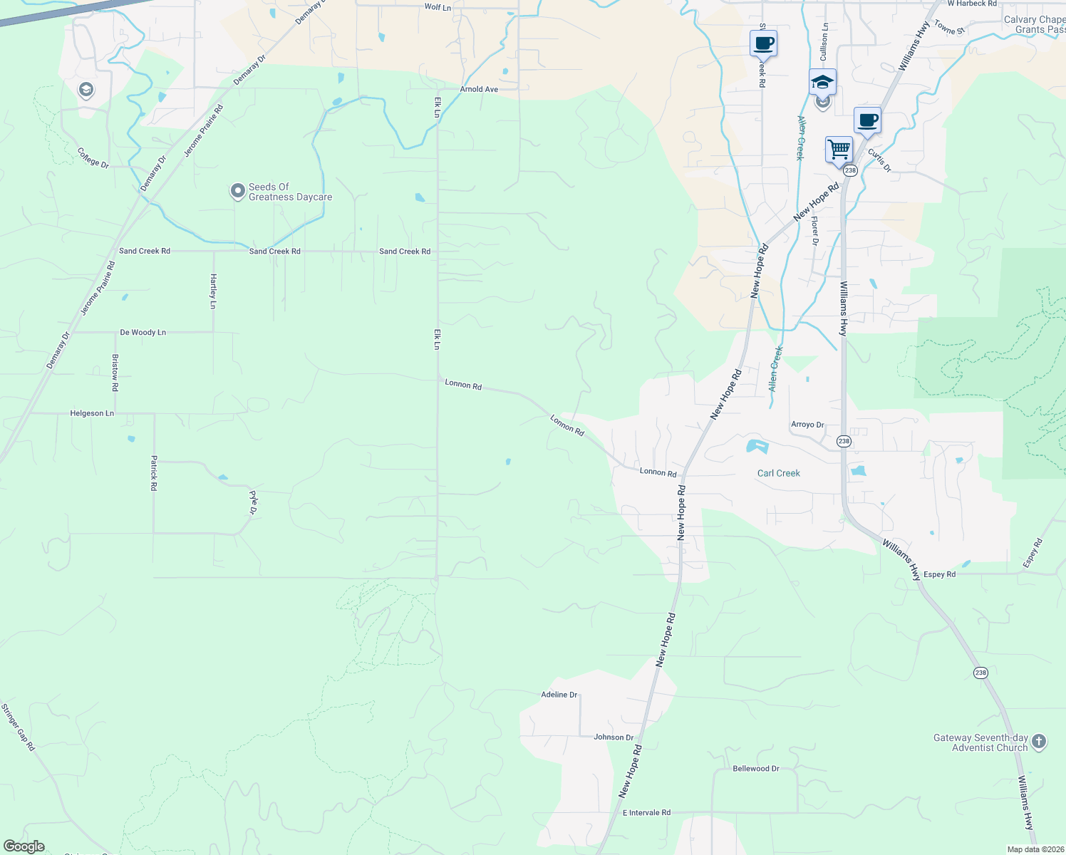 map of restaurants, bars, coffee shops, grocery stores, and more near 1885 Lonnon Road in Grants Pass