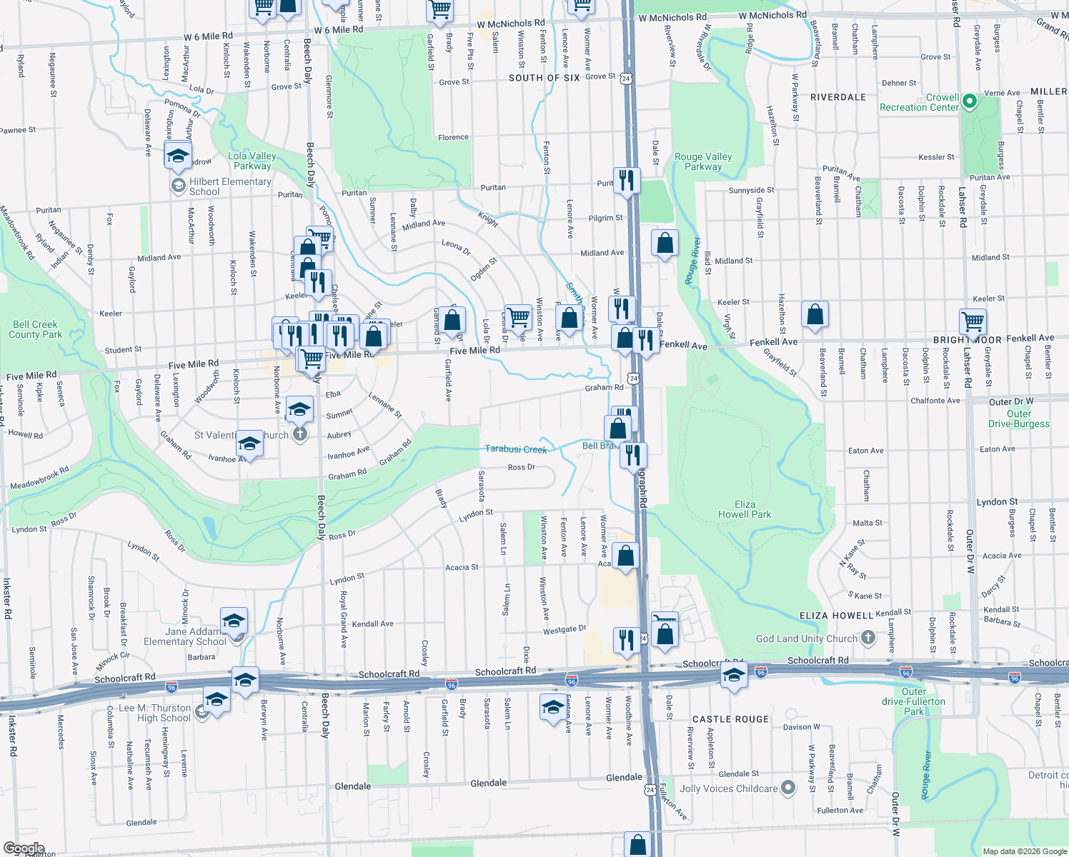 map of restaurants, bars, coffee shops, grocery stores, and more near 14989 Winston in Redford Charter Township