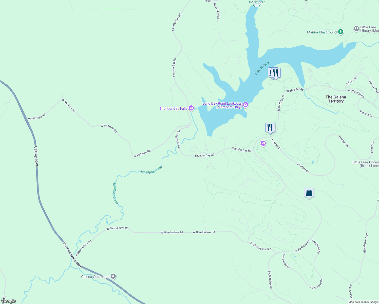 map of restaurants, bars, coffee shops, grocery stores, and more near 36 Newhall Lane in Galena