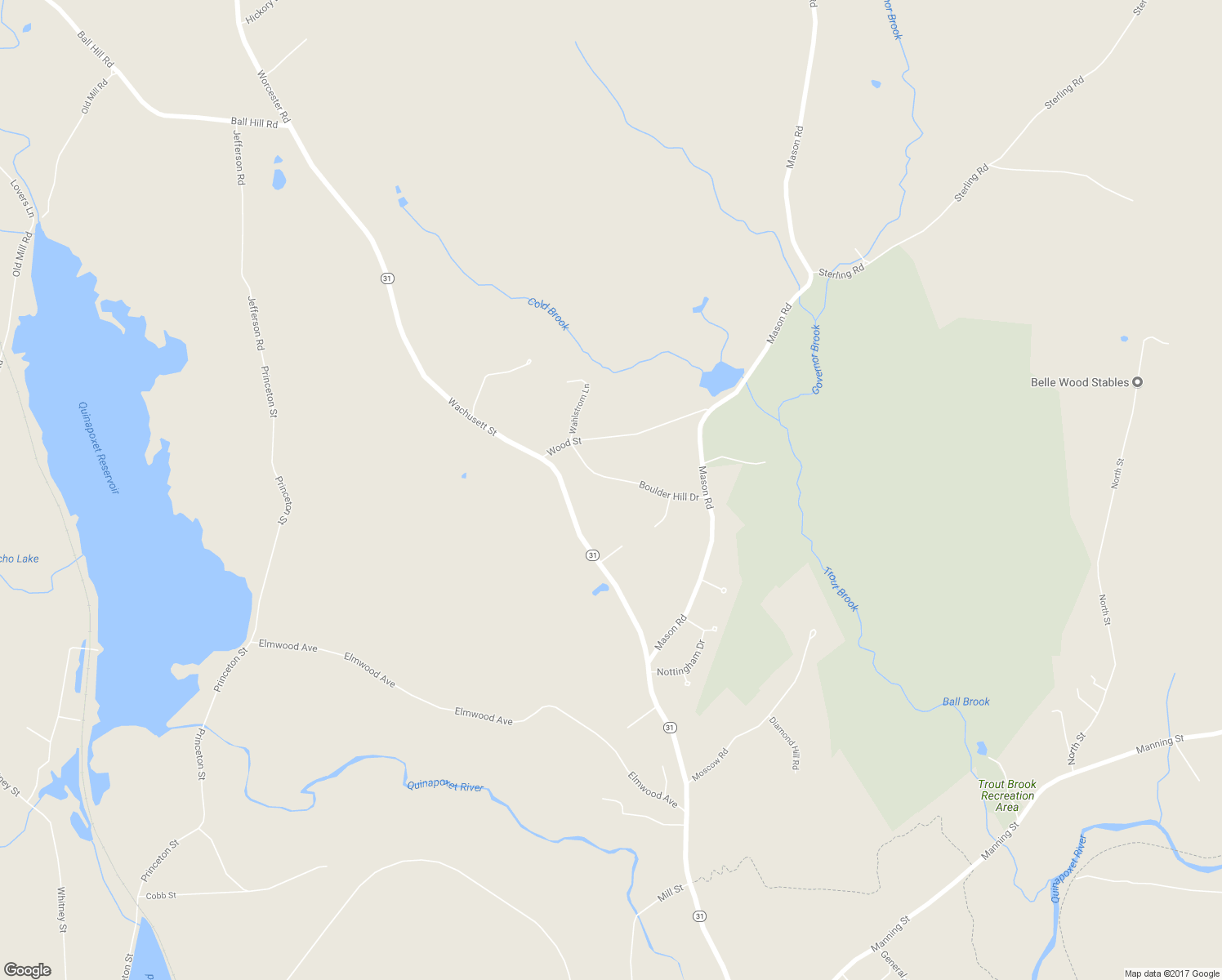 map of restaurants, bars, coffee shops, grocery stores, and more near 92 Boulder Hill Road in Holden