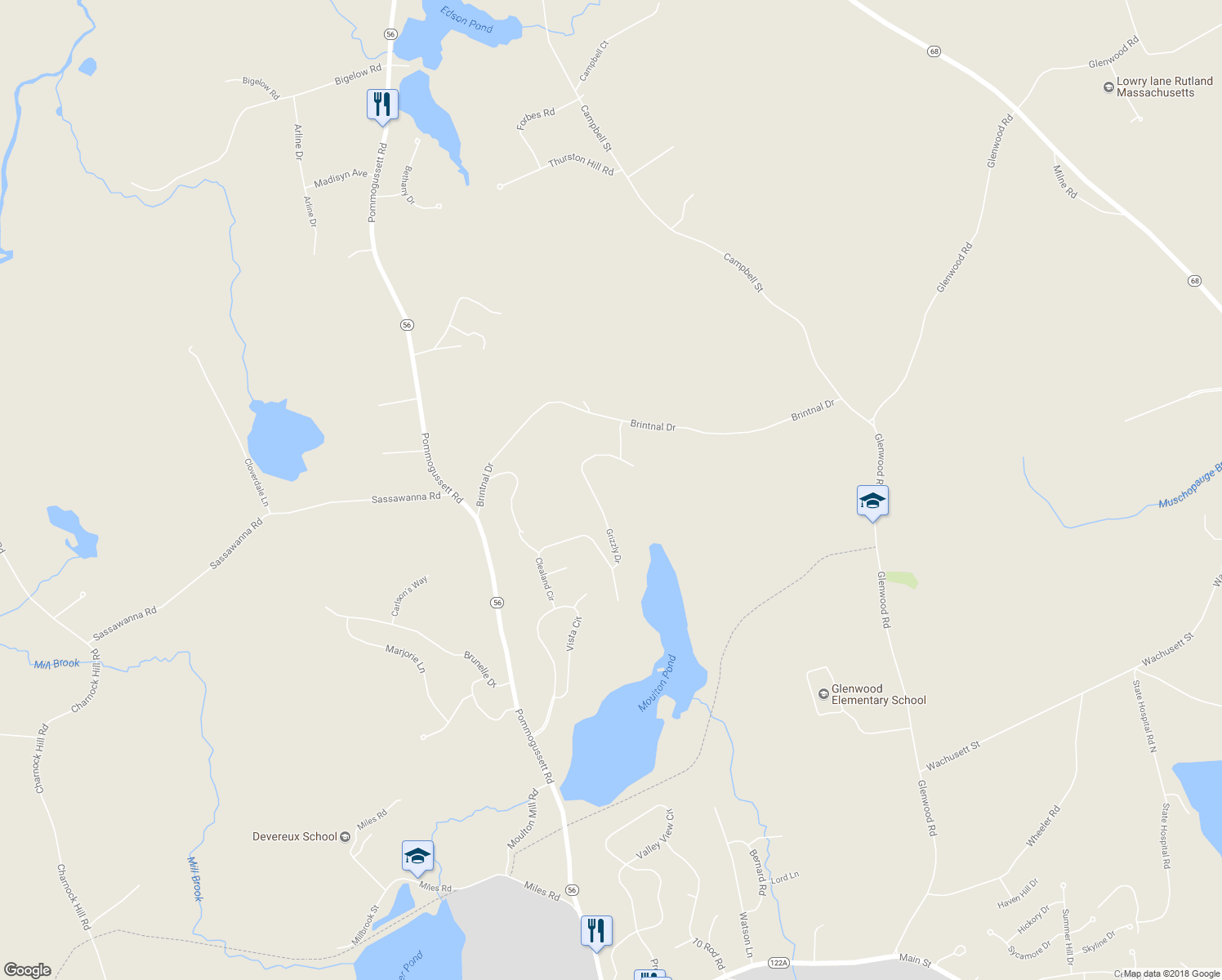 map of restaurants, bars, coffee shops, grocery stores, and more near 16 Grizzly Drive in Rutland