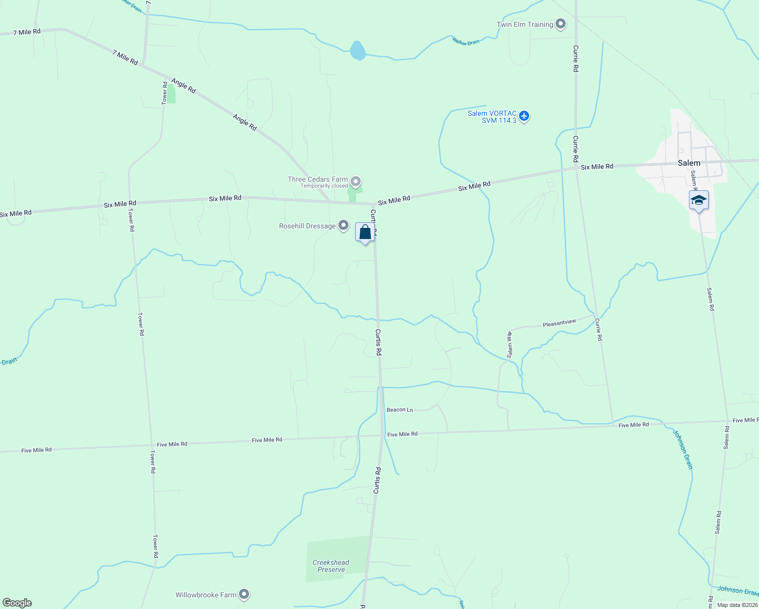 map of restaurants, bars, coffee shops, grocery stores, and more near 7566 Curtis Road in Northville