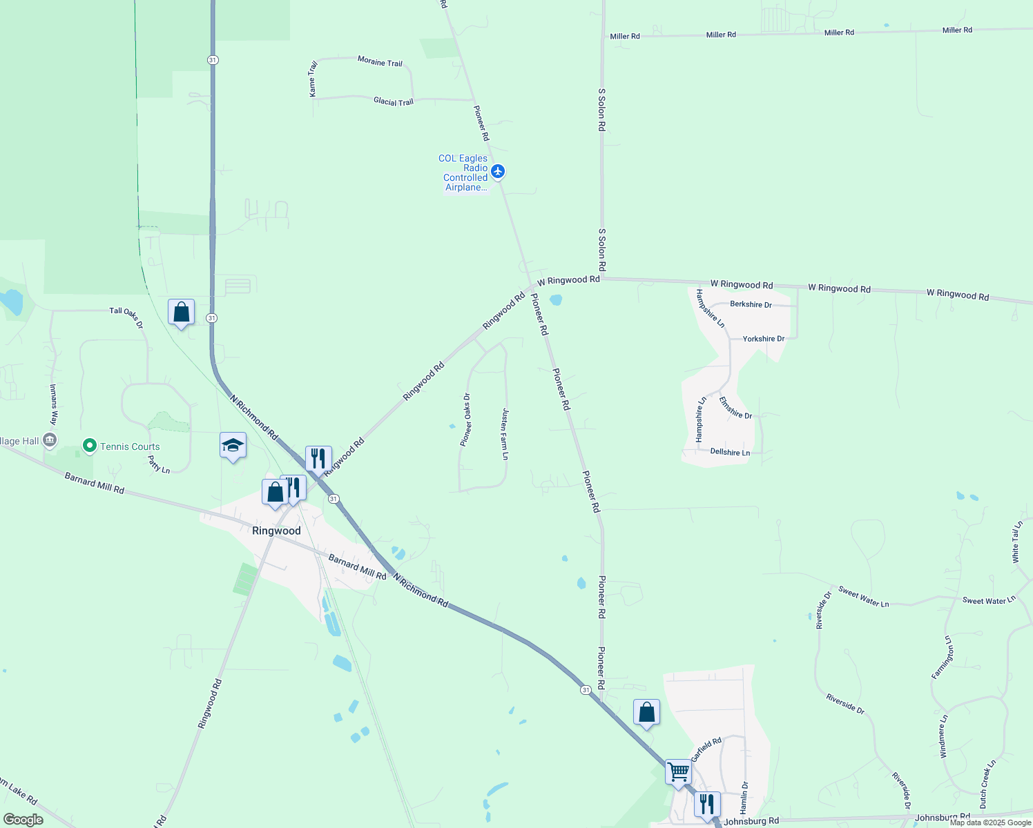 map of restaurants, bars, coffee shops, grocery stores, and more near 3200 Justen Lane in Ringwood