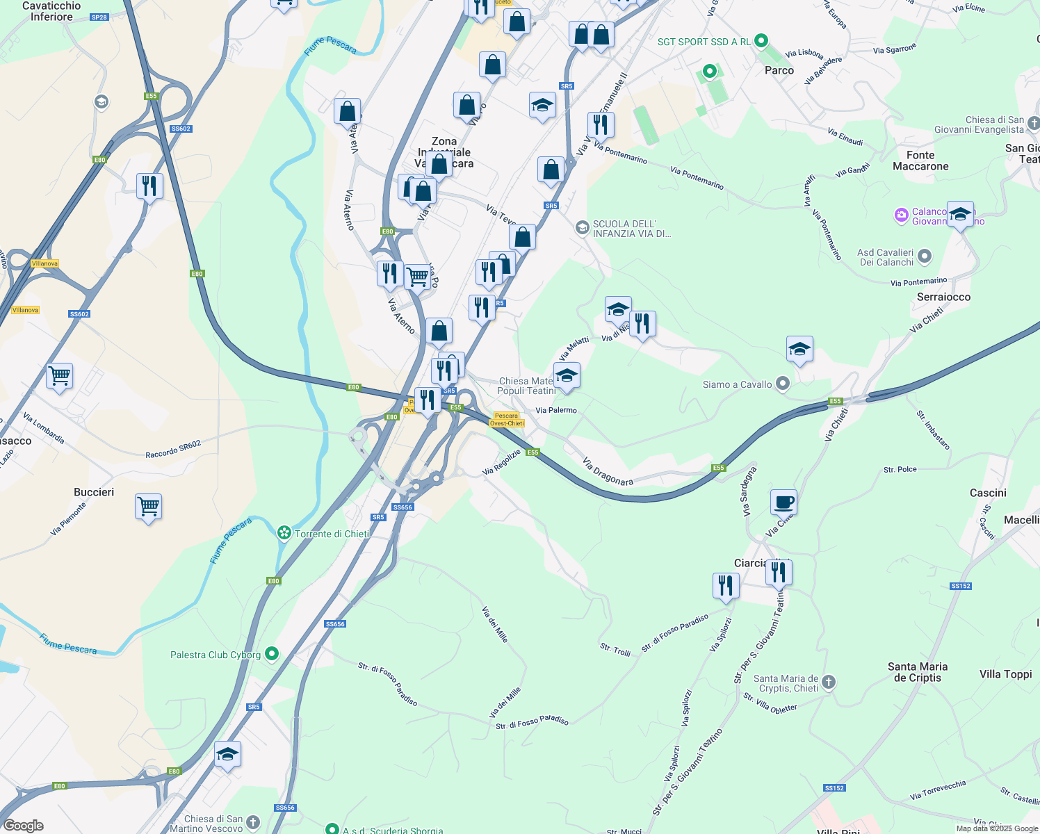 map of restaurants, bars, coffee shops, grocery stores, and more near Via Regolizie in Sambuceto