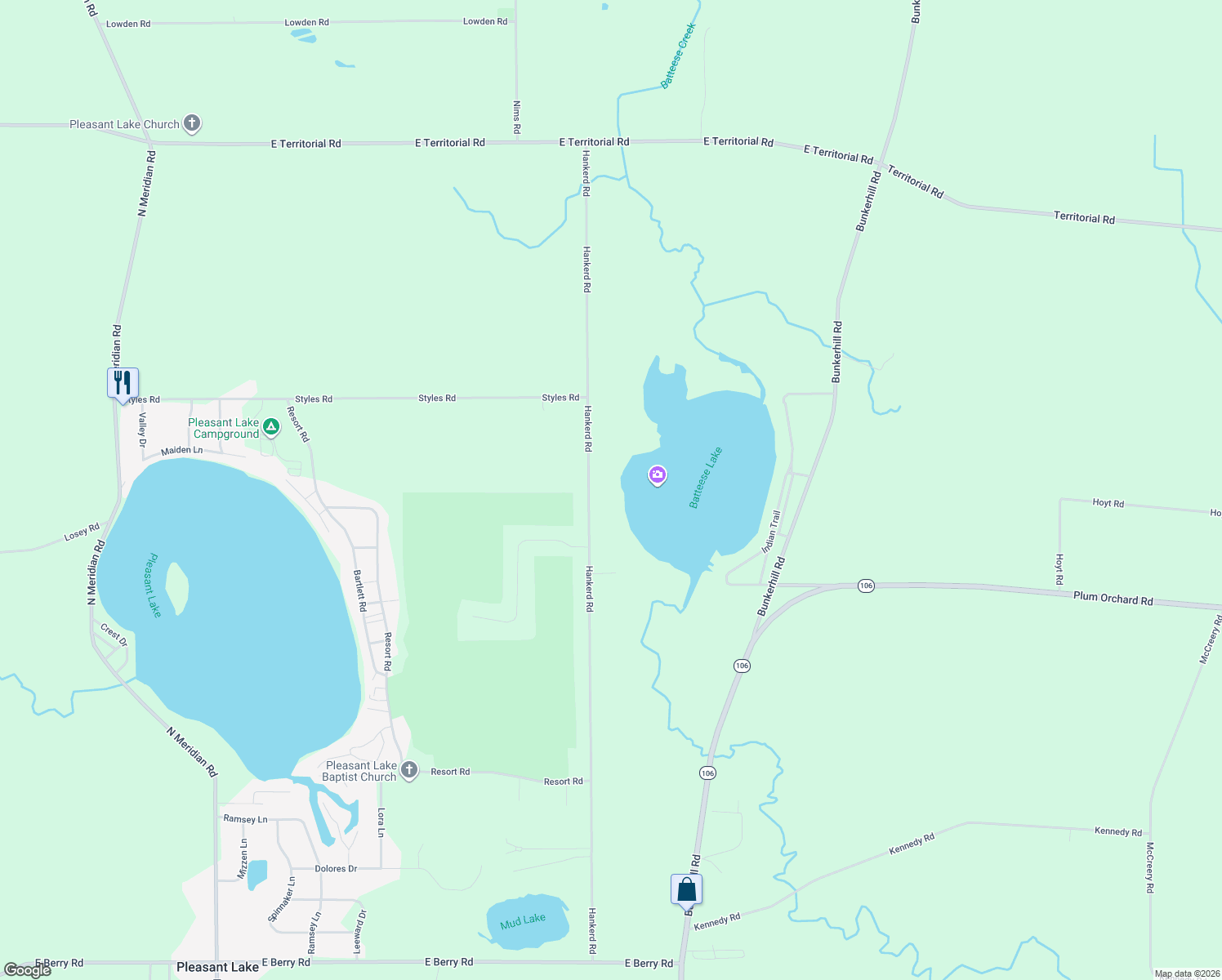 map of restaurants, bars, coffee shops, grocery stores, and more near 11281 Hankerd Road in Pleasant Lake