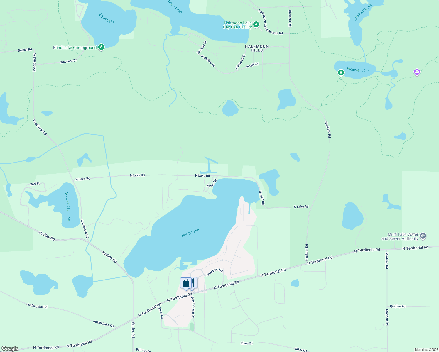 map of restaurants, bars, coffee shops, grocery stores, and more near 13745 N Lake Rd in Dexter