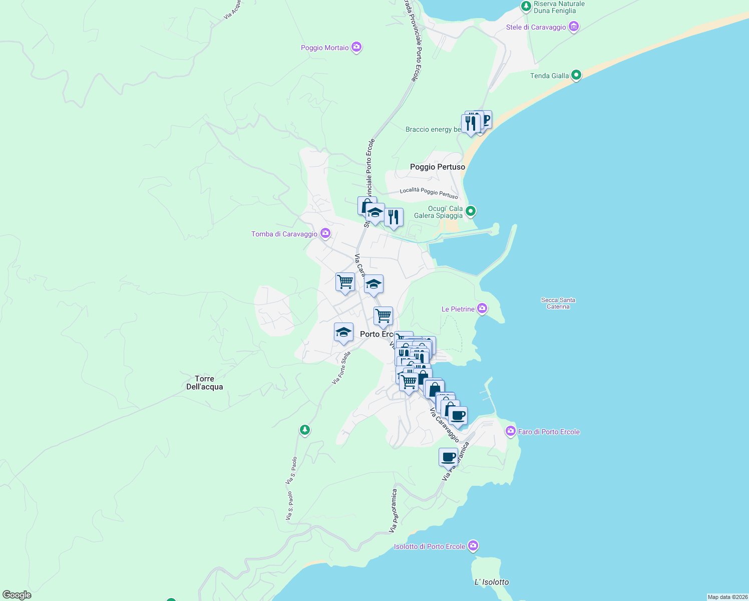 map of restaurants, bars, coffee shops, grocery stores, and more near Via Provinciale Orbetellana in Porto Ercole