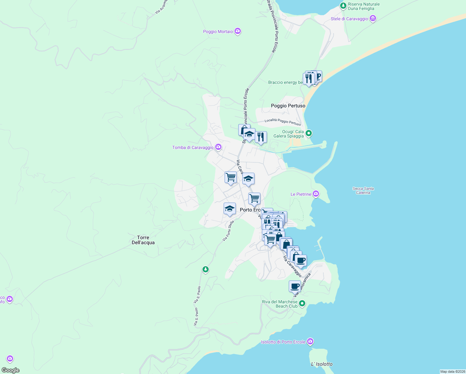 map of restaurants, bars, coffee shops, grocery stores, and more near 6 Via Arcidosso in Porto Ercole