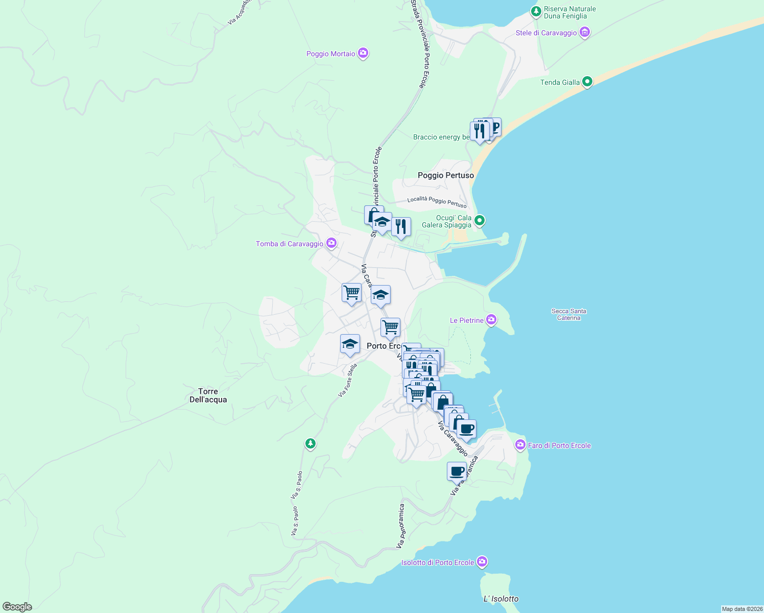 map of restaurants, bars, coffee shops, grocery stores, and more near Via Provinciale Orbetellana in Porto Ercole