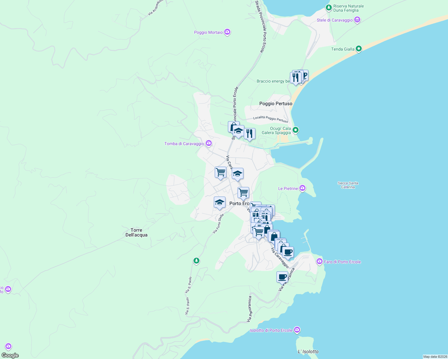 map of restaurants, bars, coffee shops, grocery stores, and more near 6 Via Arcidosso in Porto Ercole