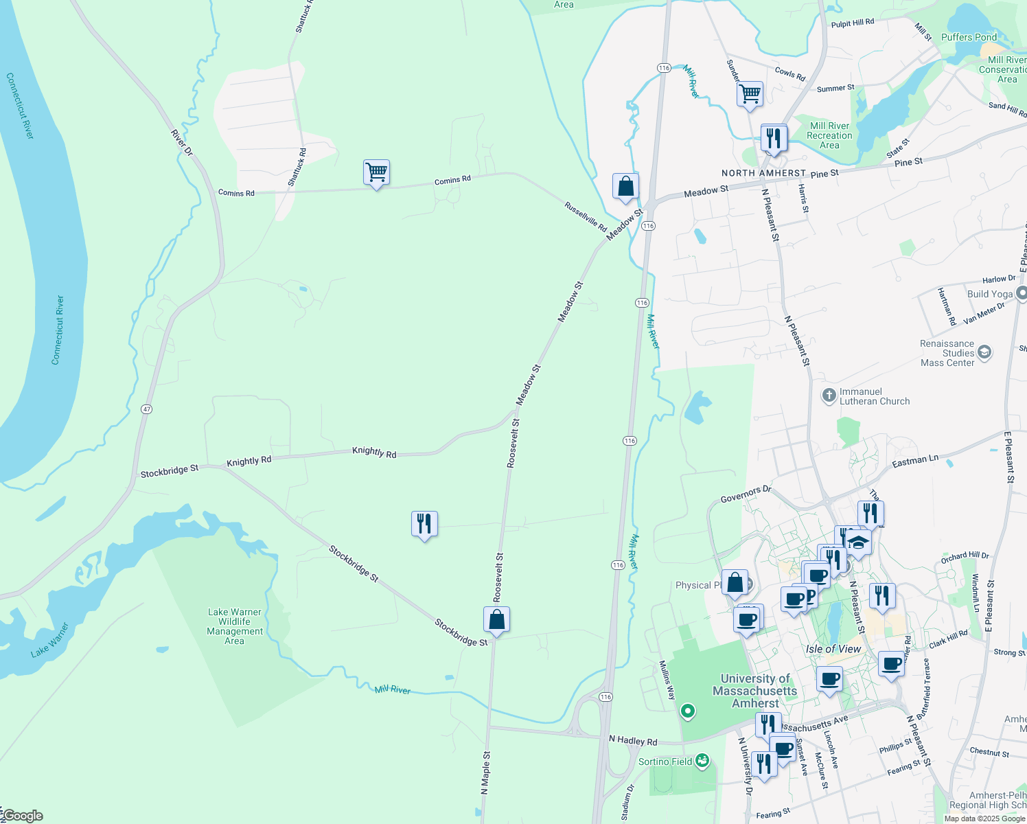 map of restaurants, bars, coffee shops, grocery stores, and more near 99 Knightly Road in Hadley