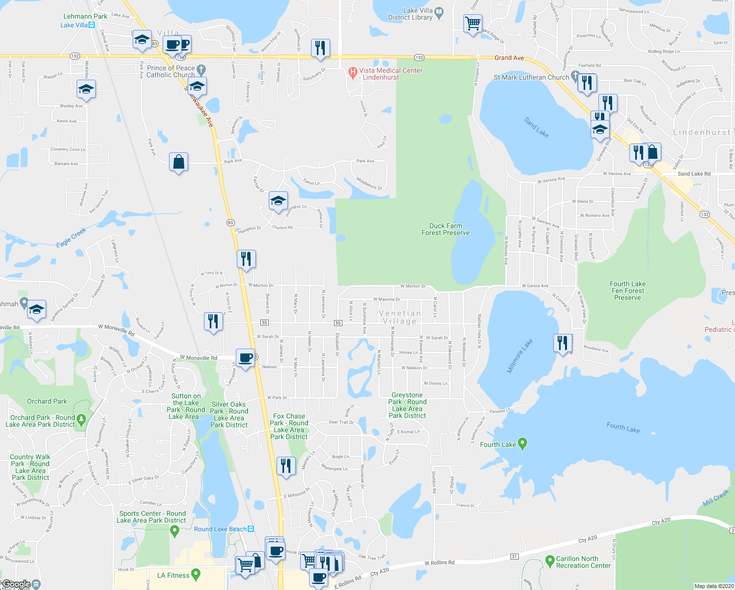 map of restaurants, bars, coffee shops, grocery stores, and more near 21614 West Maurine Drive in Lake Villa