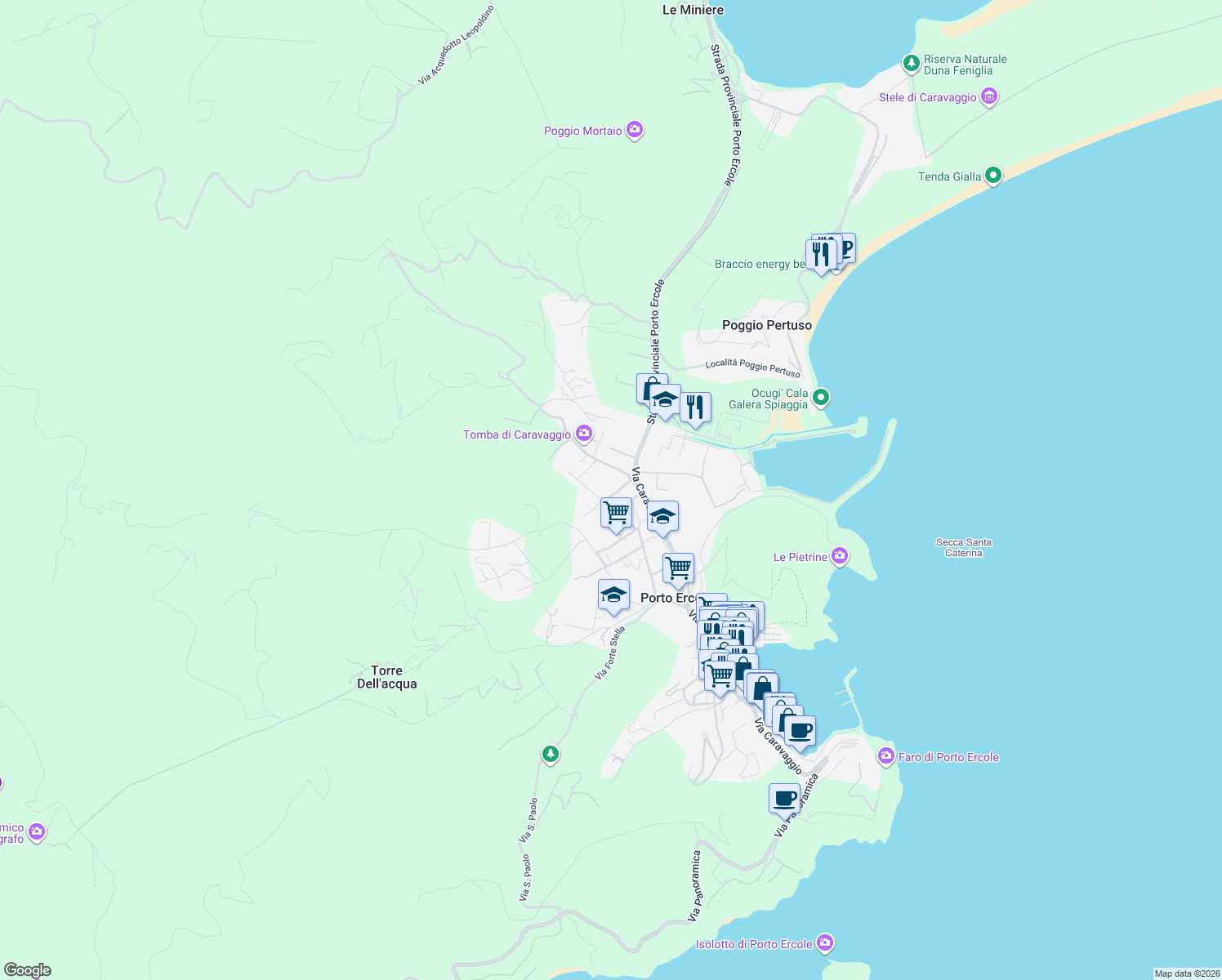 map of restaurants, bars, coffee shops, grocery stores, and more near 14 Via Ponente in Provincia di Grosseto