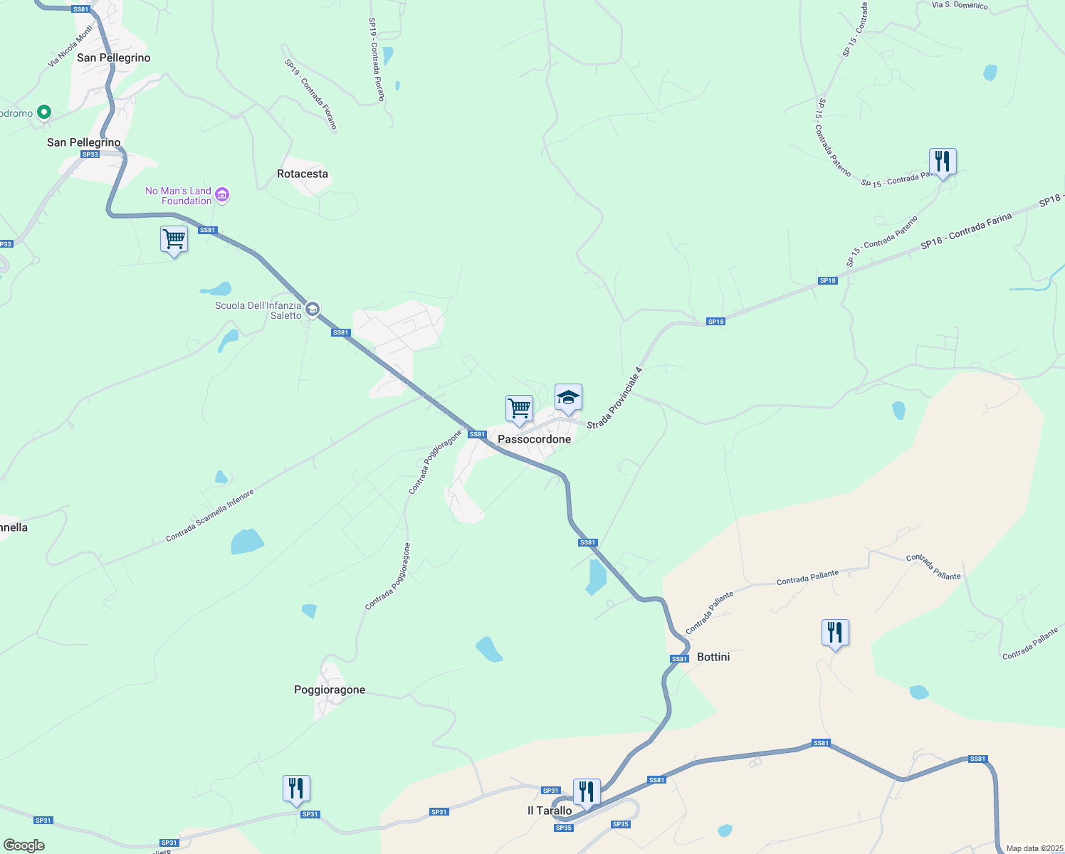 map of restaurants, bars, coffee shops, grocery stores, and more near 54 Passo Cordone in Passo Cordone