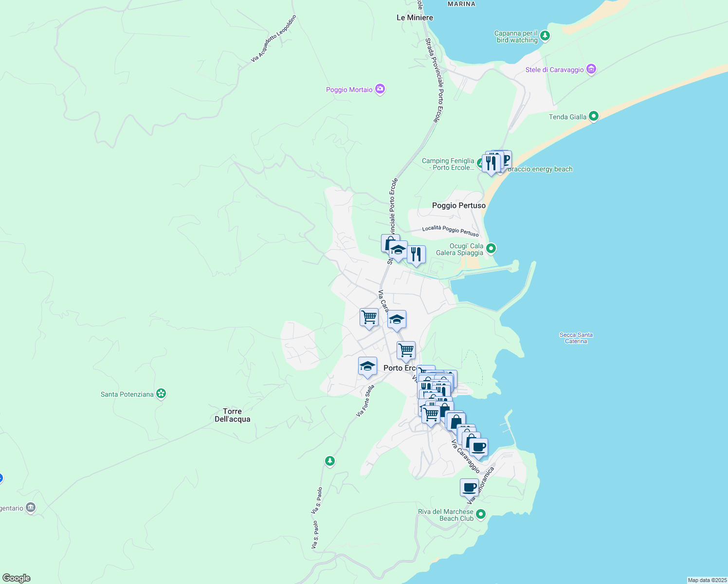 map of restaurants, bars, coffee shops, grocery stores, and more near 12 Piazzale Rosa dei Venti in Provincia di Grosseto