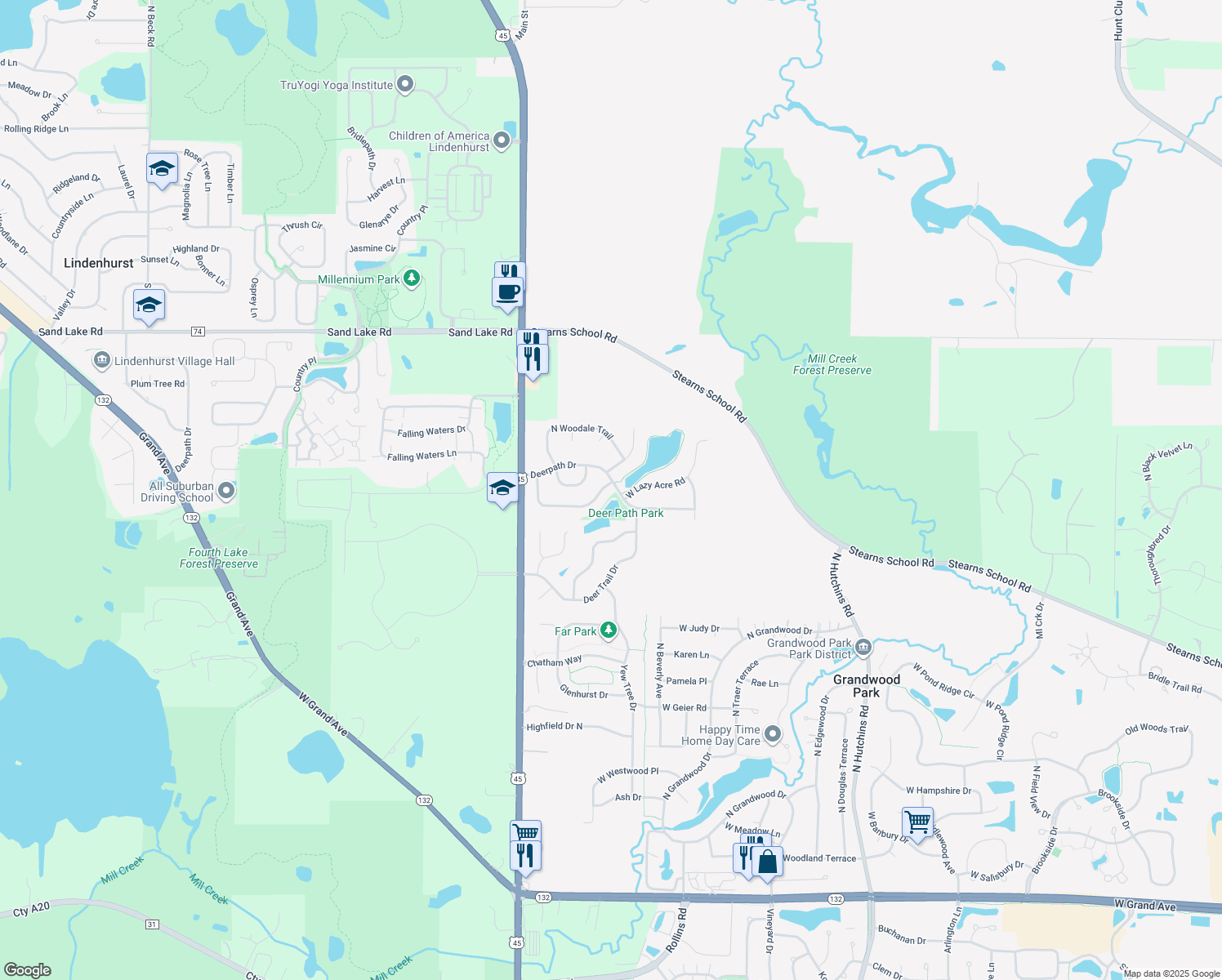 map of restaurants, bars, coffee shops, grocery stores, and more near 18701 Meadow Grass Drive in Lake Villa