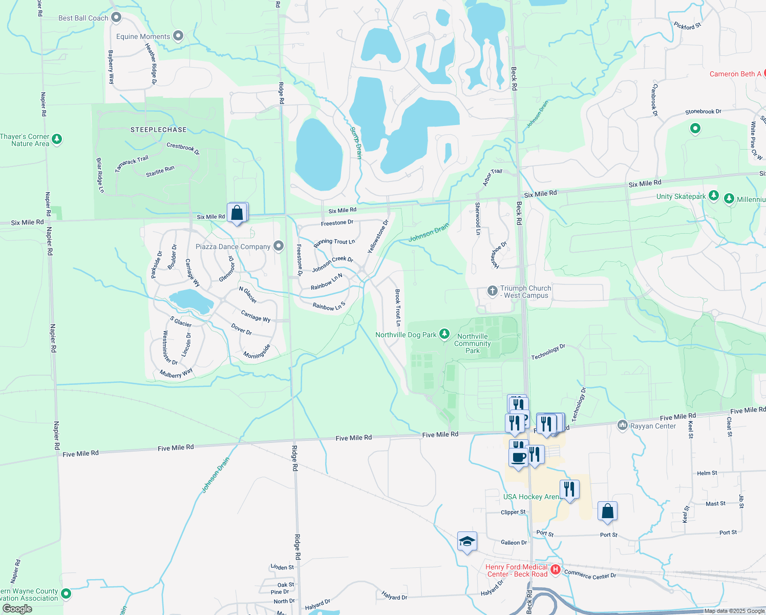 map of restaurants, bars, coffee shops, grocery stores, and more near 16098 Johnson Creek Drive in Northville