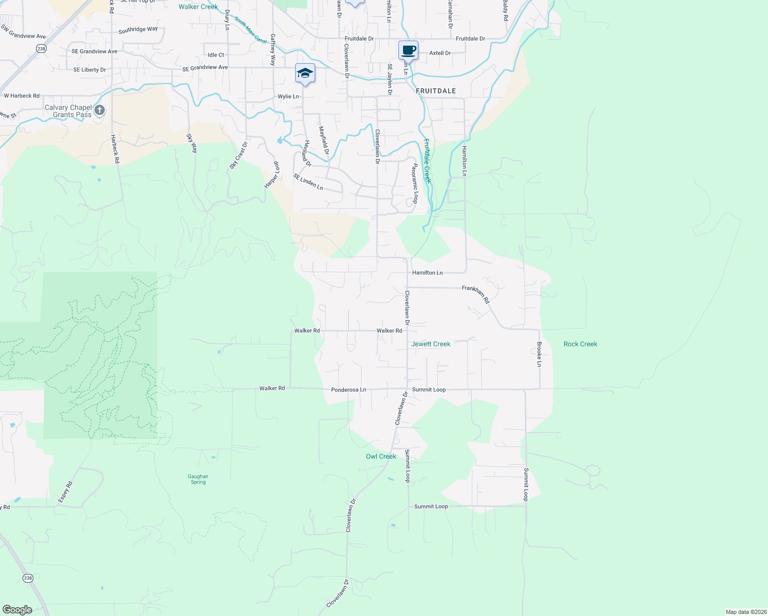map of restaurants, bars, coffee shops, grocery stores, and more near 205 Willow Creek Lane in Grants Pass