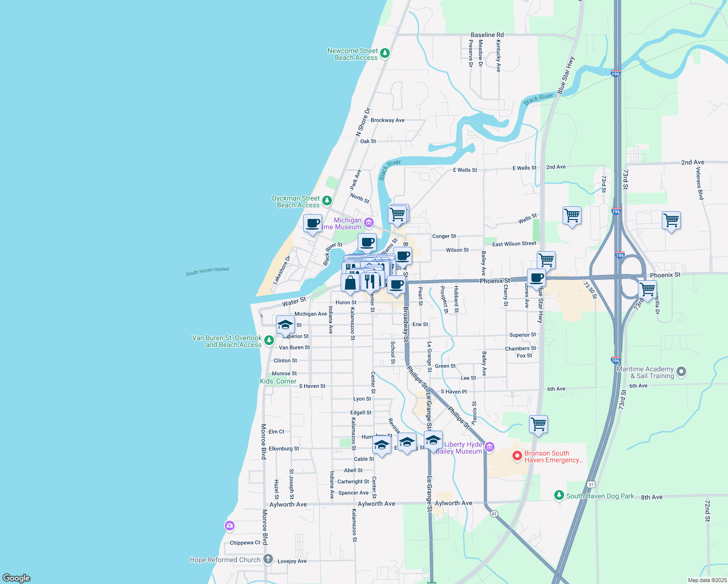 map of restaurants, bars, coffee shops, grocery stores, and more near 422 Eagle Street in South Haven