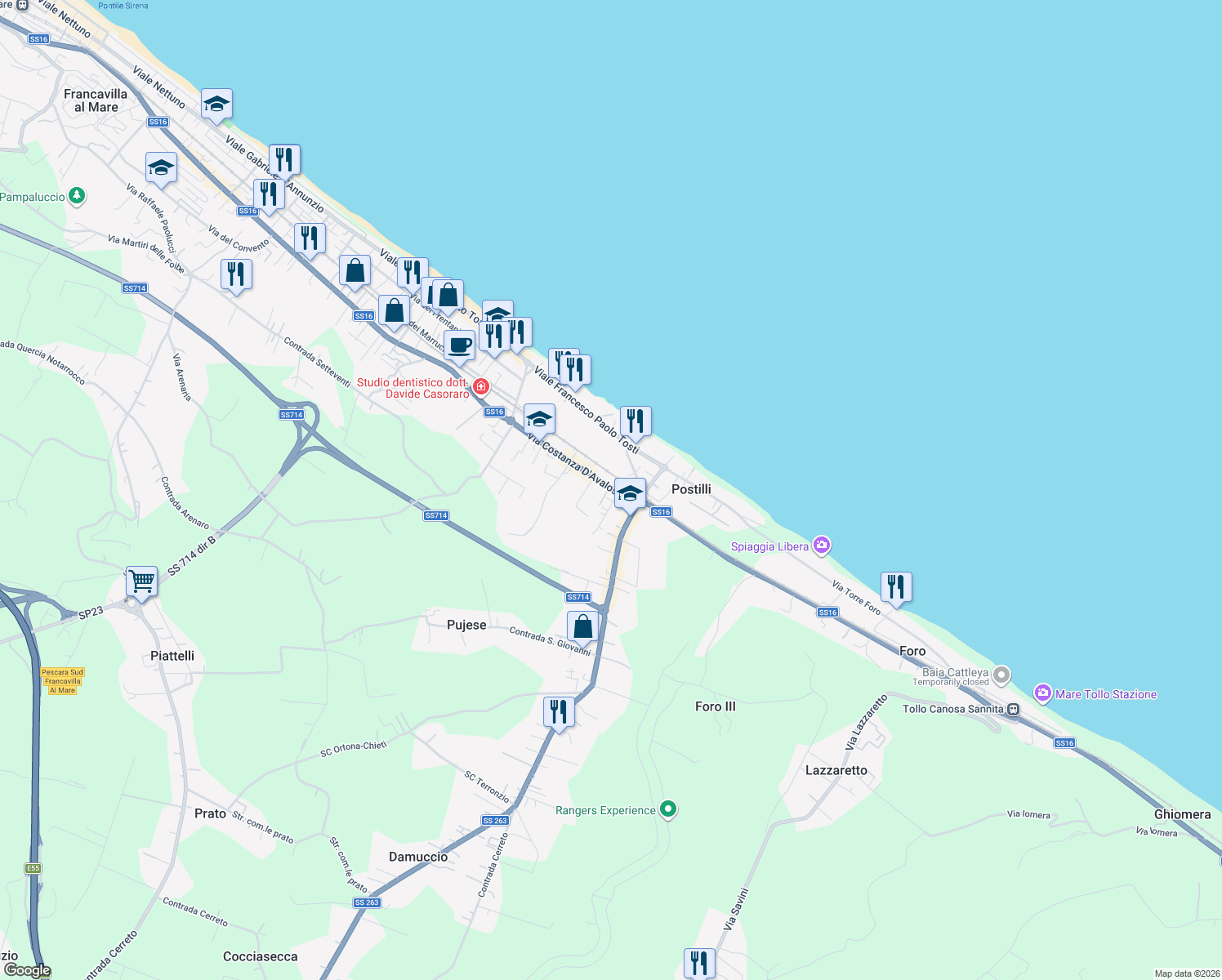map of restaurants, bars, coffee shops, grocery stores, and more near 41 Contrada Foro in Francavilla Al Mare