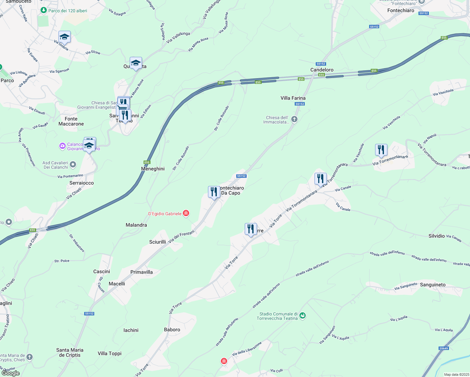 map of restaurants, bars, coffee shops, grocery stores, and more near 511 Via dei Frentani in Fontechiaro Da Capo