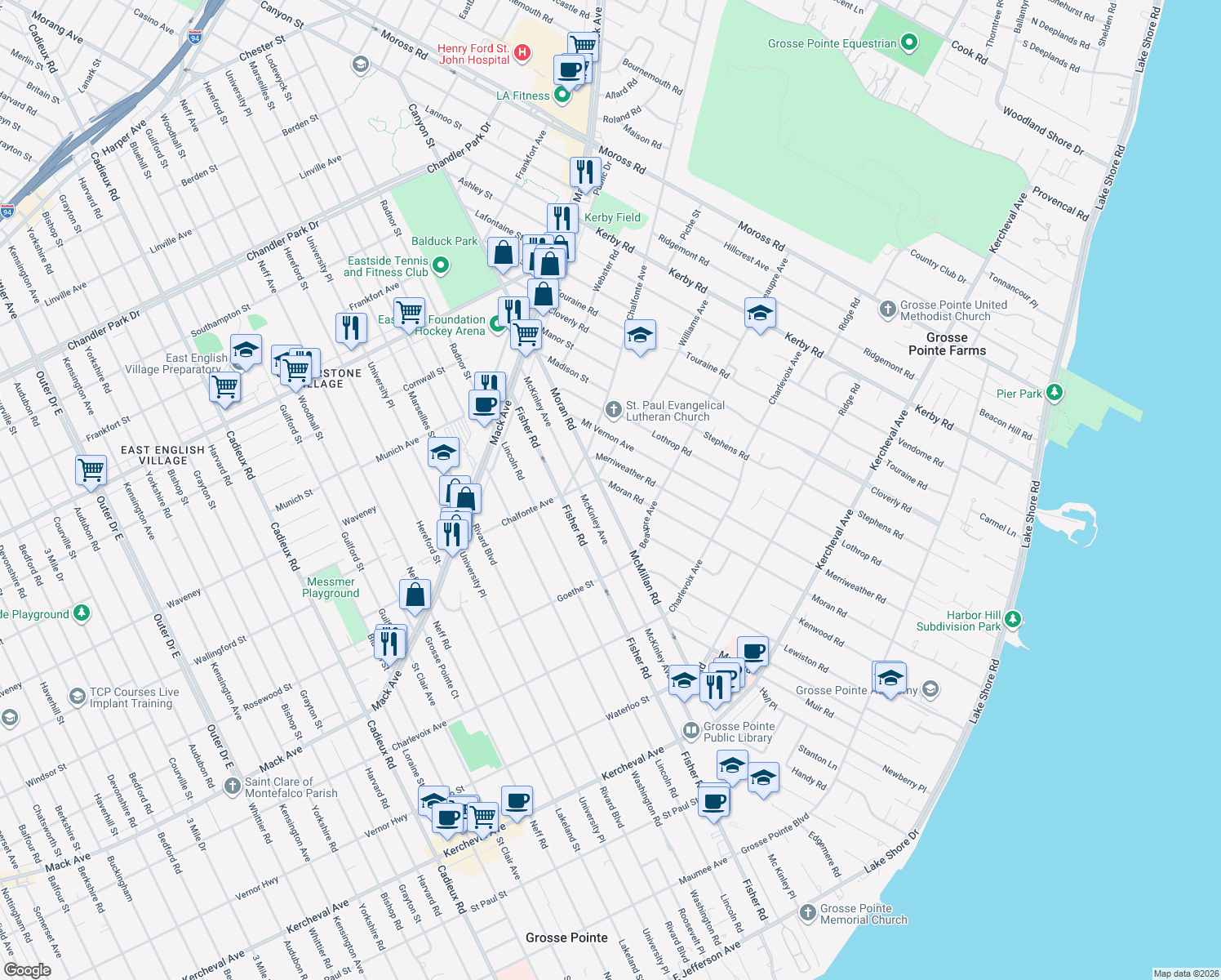map of restaurants, bars, coffee shops, grocery stores, and more near 370 McMillan Road in Grosse Pointe Farms