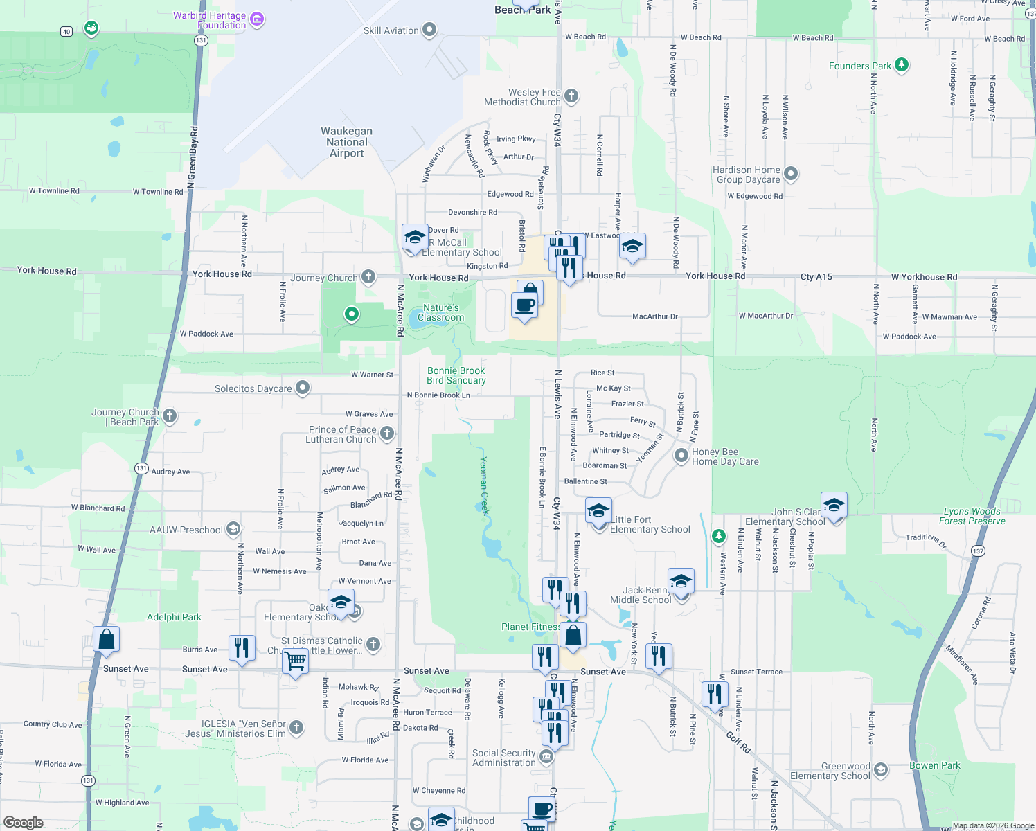 map of restaurants, bars, coffee shops, grocery stores, and more near 2816 East Bonnie Brook Lane in Waukegan