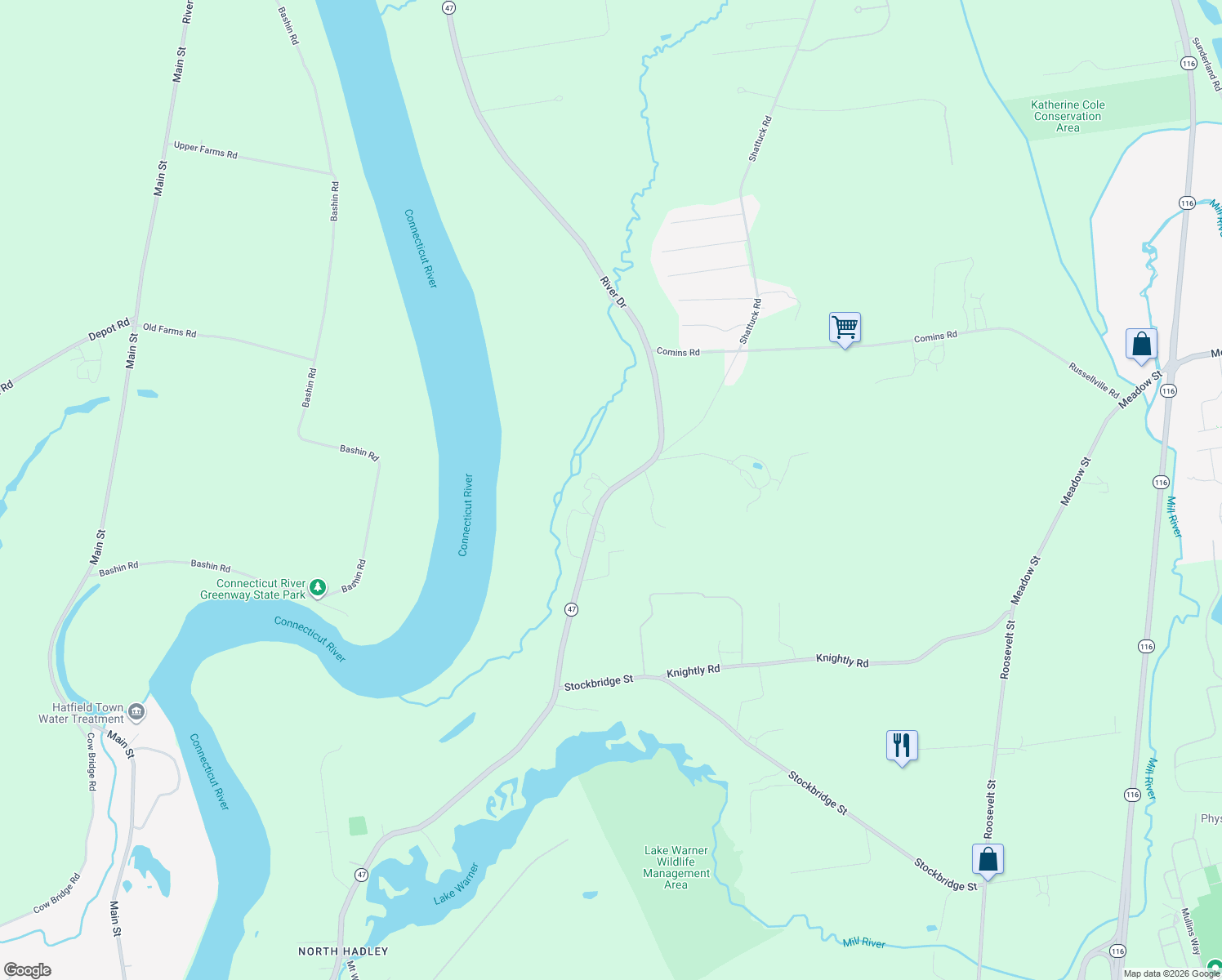 map of restaurants, bars, coffee shops, grocery stores, and more near 342 River Drive in Hadley