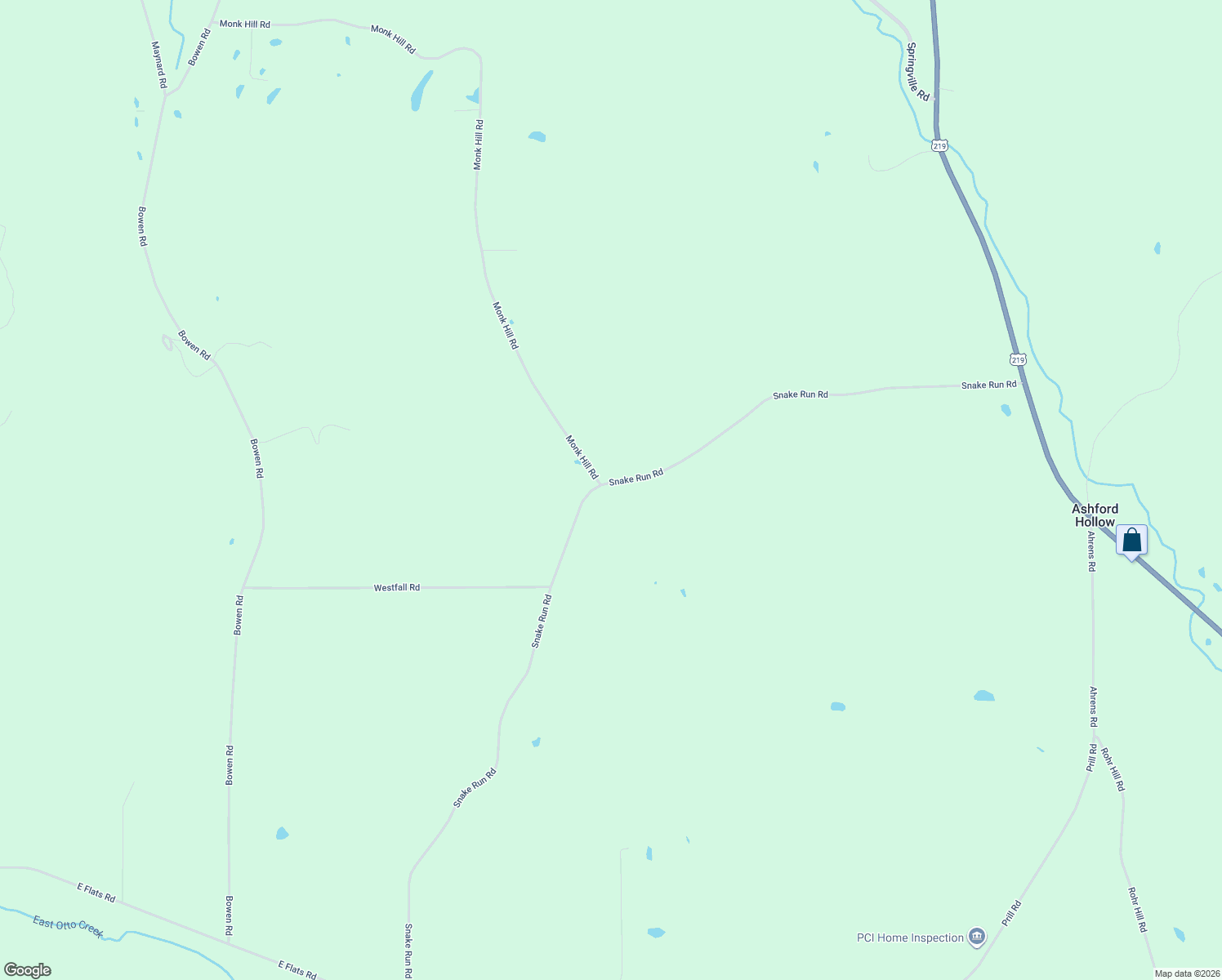 map of restaurants, bars, coffee shops, grocery stores, and more near 9284 Snake Run Road in East Otto