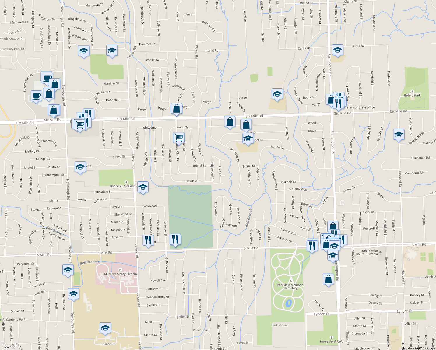 map of restaurants, bars, coffee shops, grocery stores, and more near 16213 Ellen Dr in Livonia