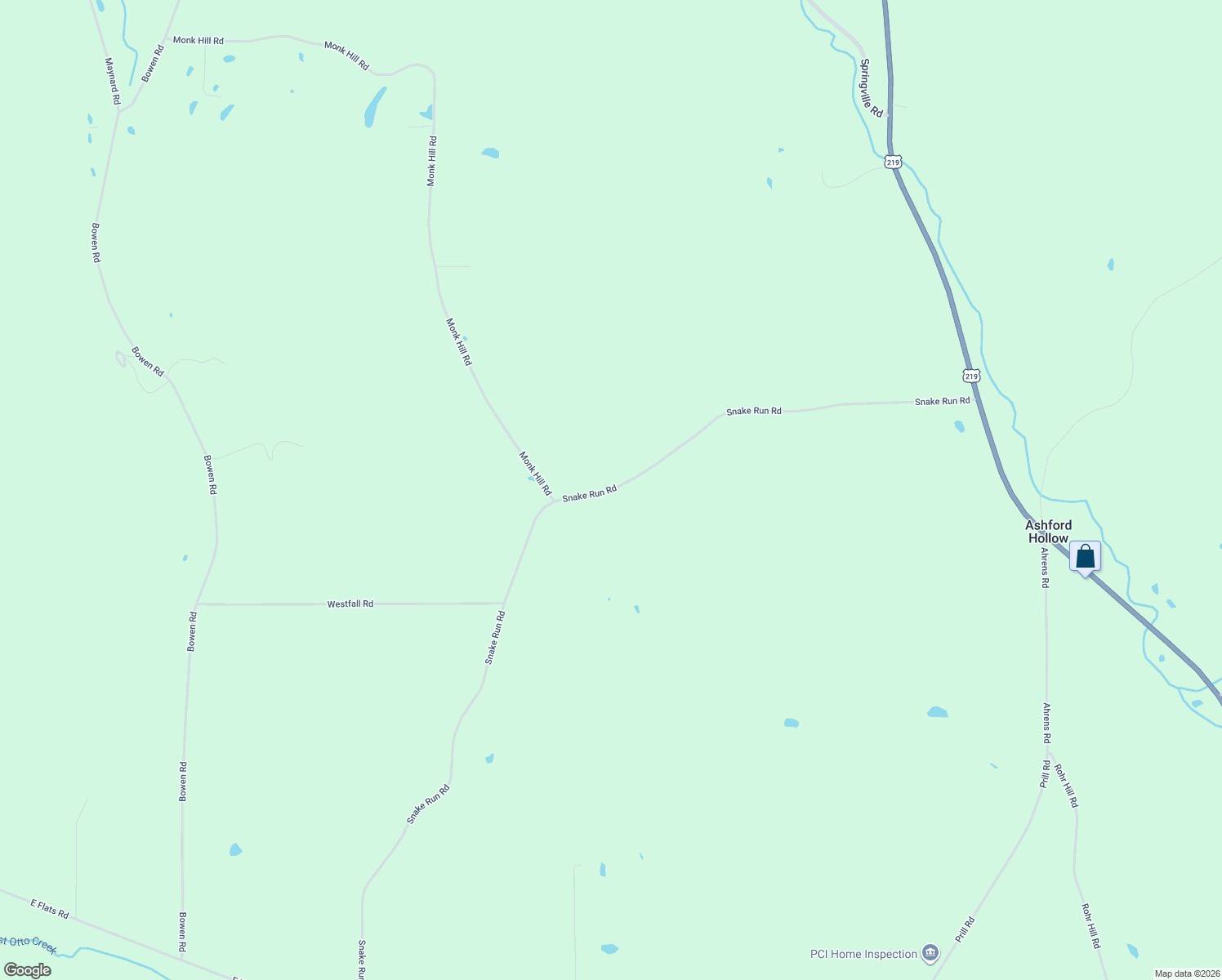 map of restaurants, bars, coffee shops, grocery stores, and more near 9358 Snake Run Road in East Otto