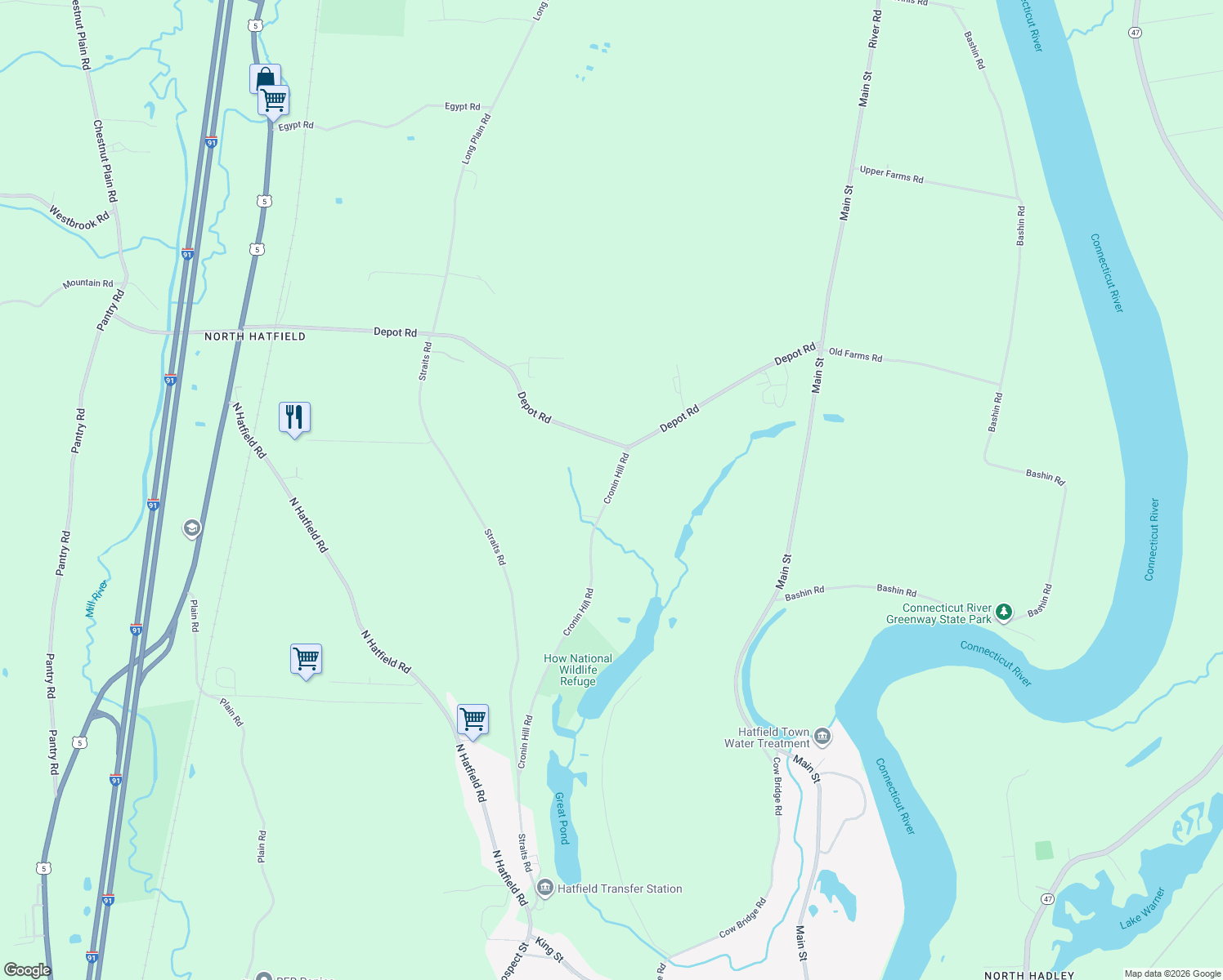 map of restaurants, bars, coffee shops, grocery stores, and more near 9 Cronin Hill Rd in Hatfield