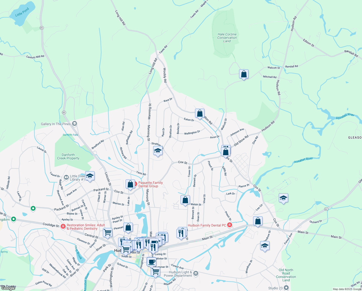 map of restaurants, bars, coffee shops, grocery stores, and more near 3 Dover Cir in Hudson