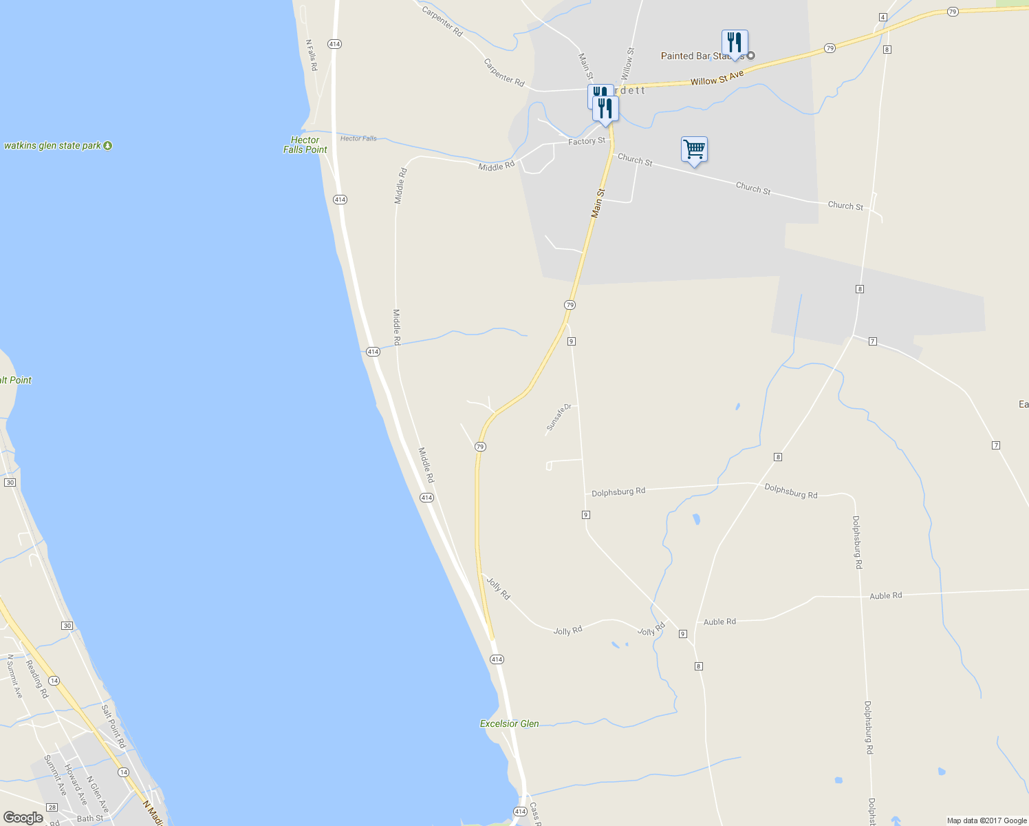 map of restaurants, bars, coffee shops, grocery stores, and more near 3560 New York 79 in Burdett