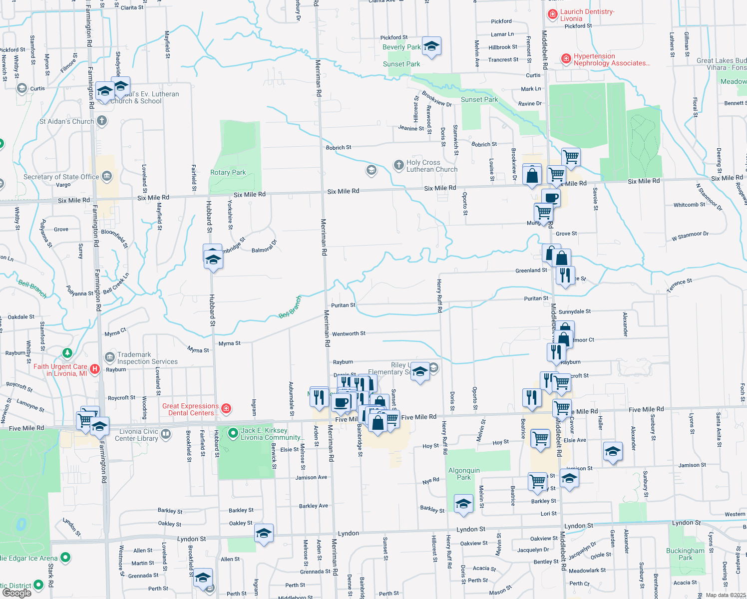 map of restaurants, bars, coffee shops, grocery stores, and more near 30872 Puritan Street in Livonia